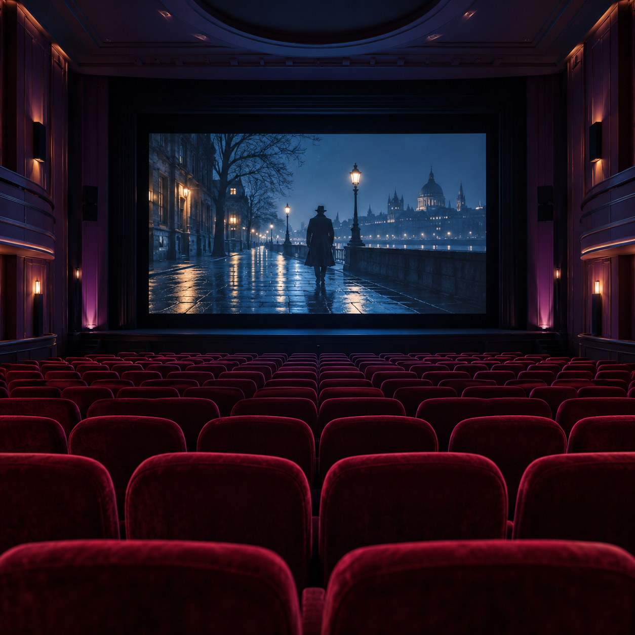 Salle de cinéma avec un écran montrant une scène nocturne à Paris