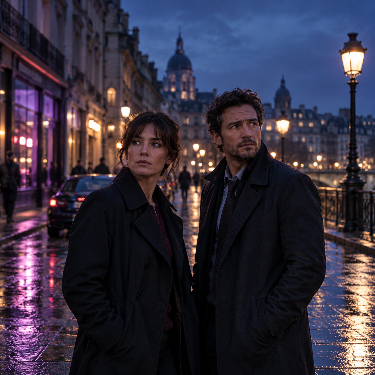 Deux personnages au cœur d'une scène de série nocturne à Paris