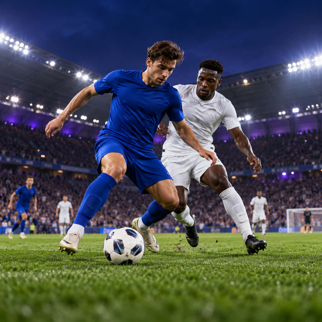 Match de football dans un stade sous les projecteurs